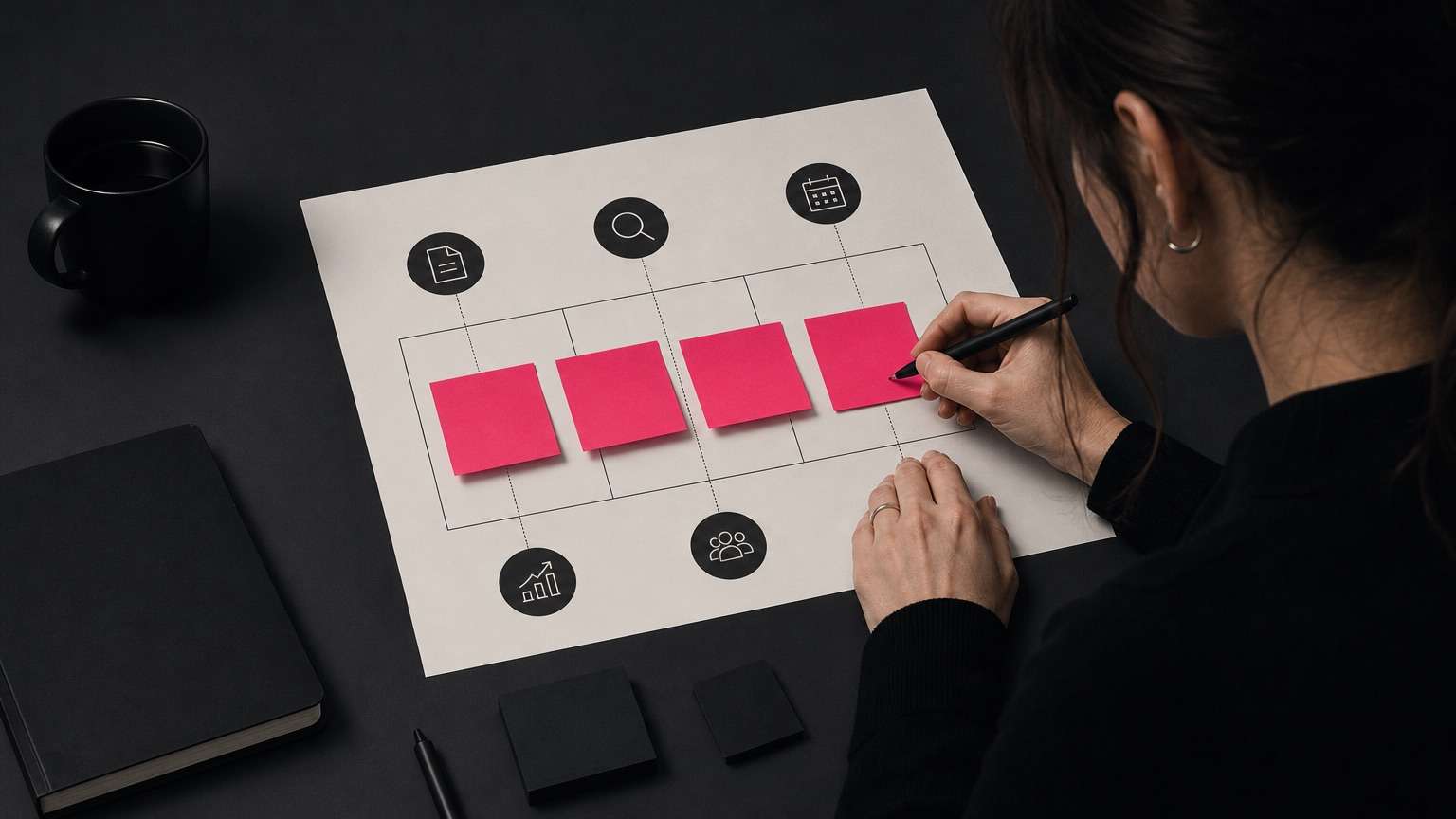 A marketing lead mapping team bottlenecks to AI tools using a lightweight selection framework and sticky notes.