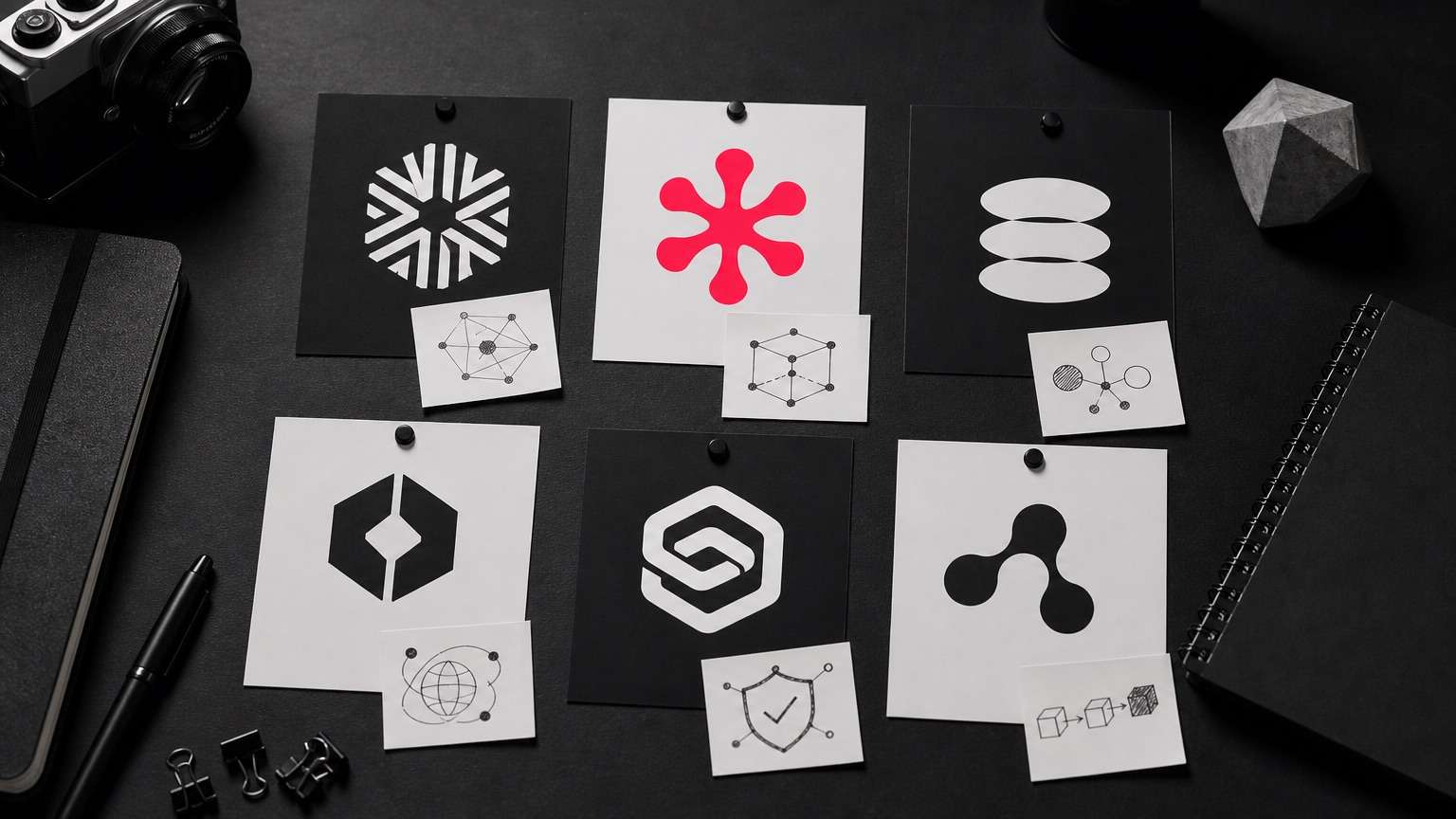 Six LLM SEO tool logos laid out on a workspace with annotated notes about Web3 brand applications.